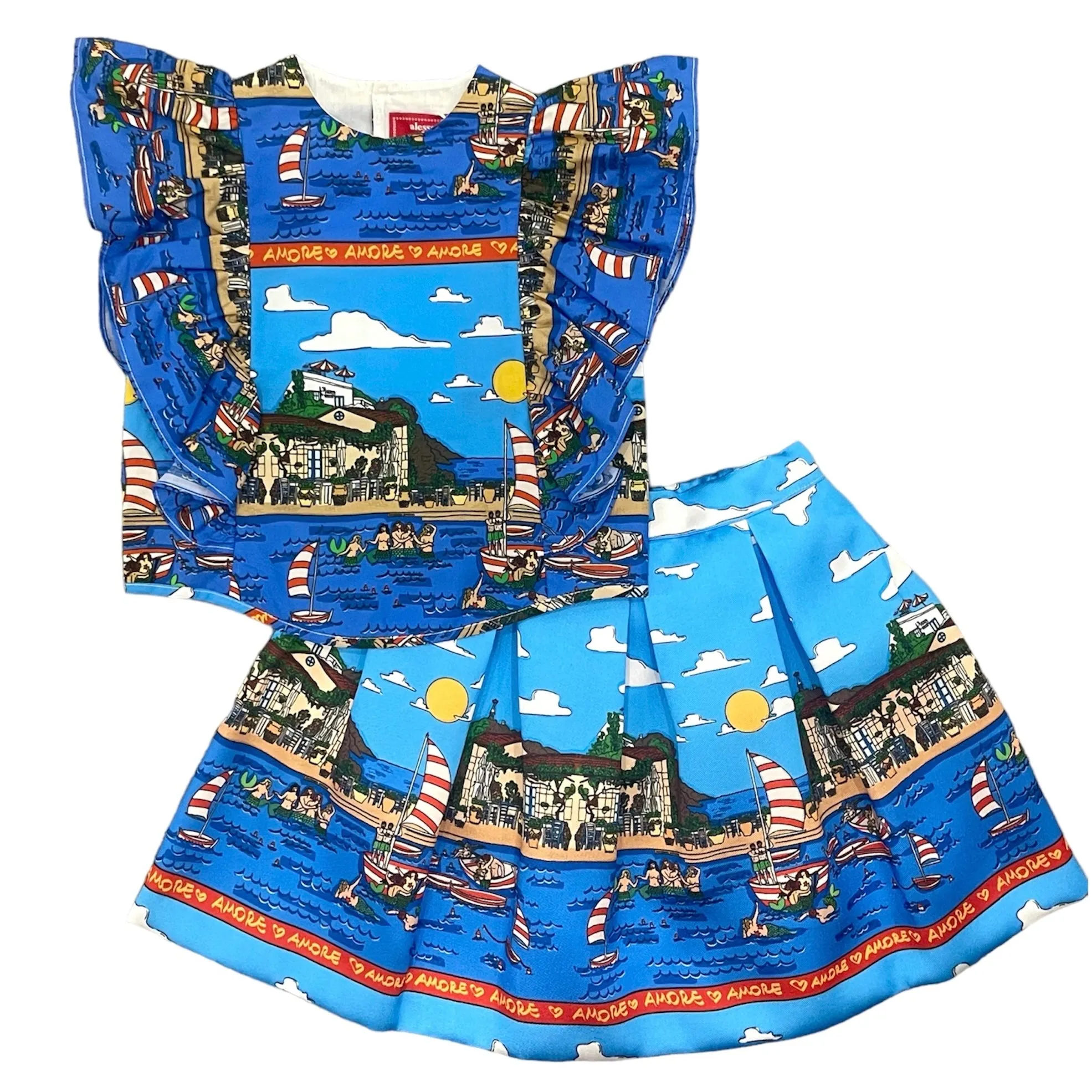 Mädchen Blau Rüschen Hemd Set