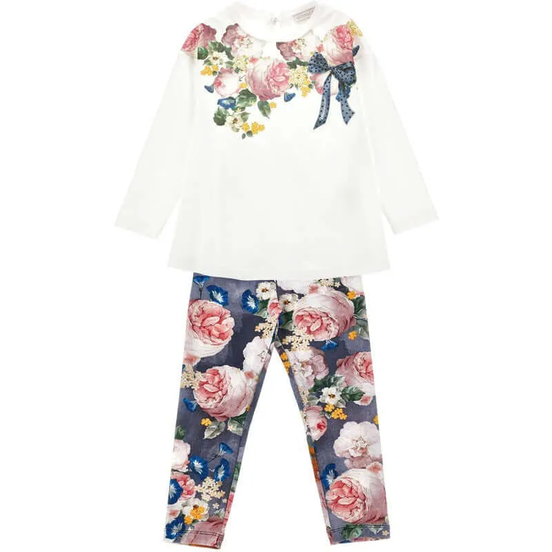 Mädchen Baumwolle Elfenbein & Blau Leggings-Set