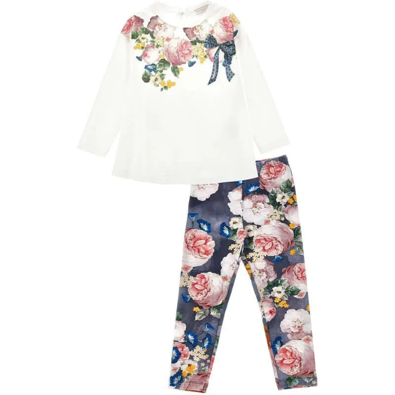 Mädchen Baumwolle Elfenbein & Blau Leggings-Set