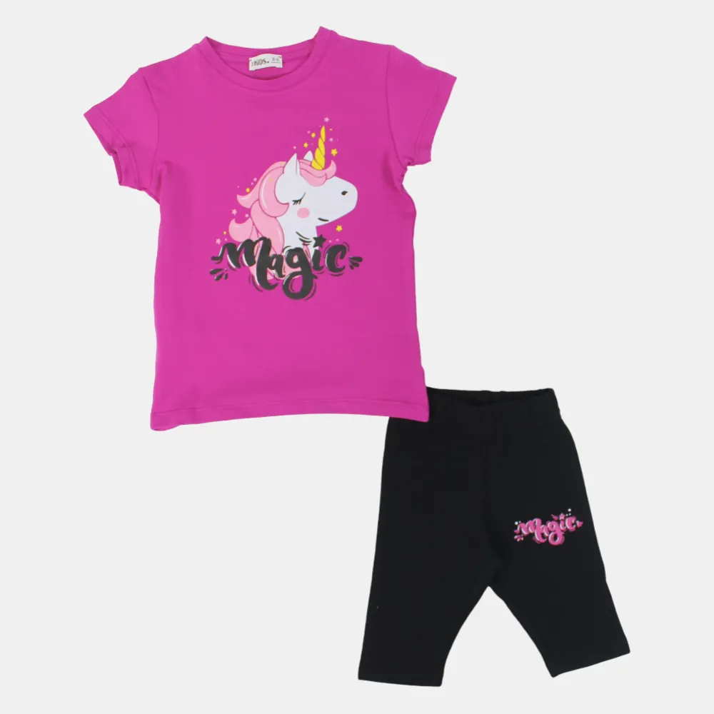 Mädchen Baumwoll-Pyjama-Set – Fuchsia mit „Magic“ Einhorn-Design