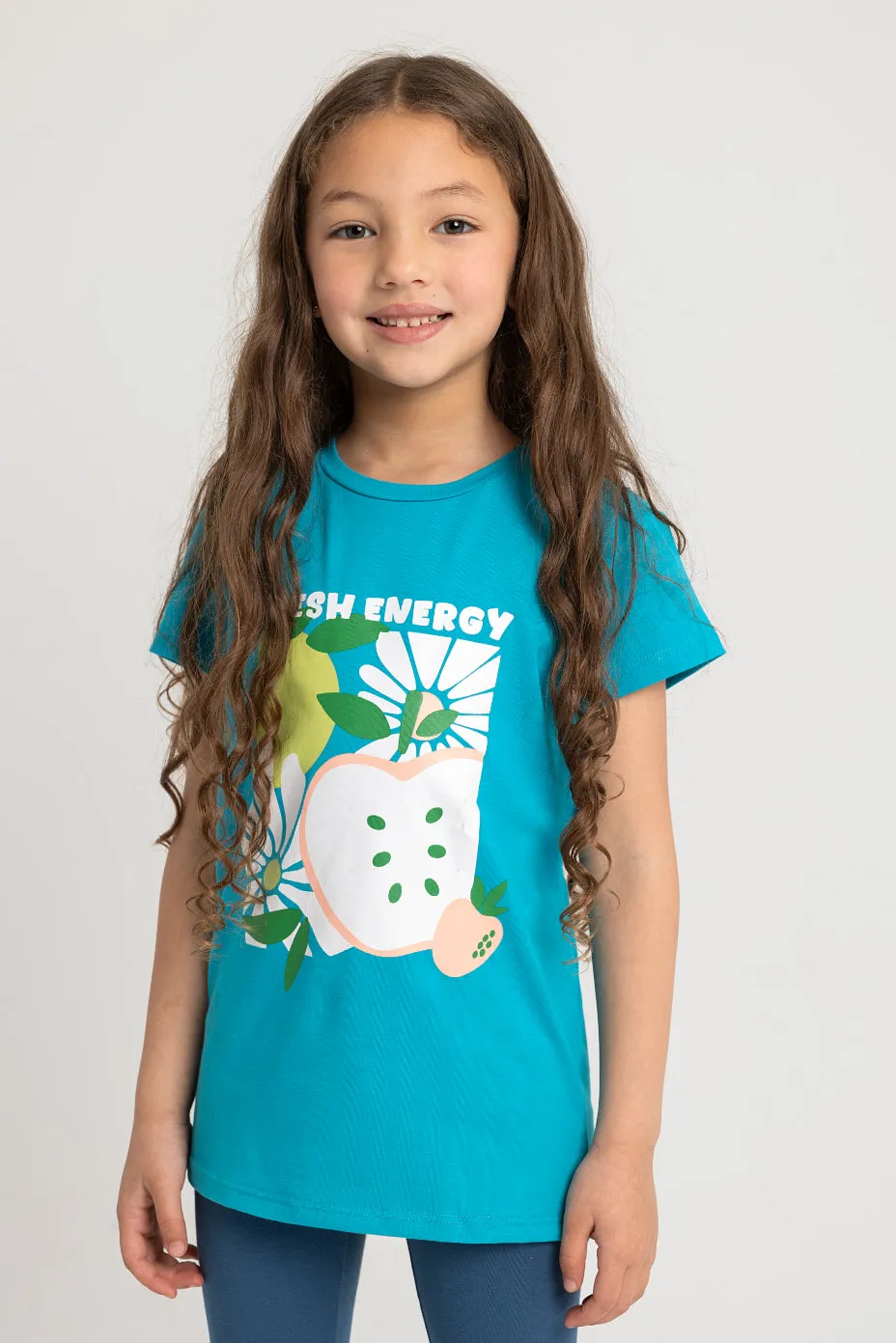 Mädchen Baumwoll-Pyjama-Set – Türkis mit Frische-Energie-Print