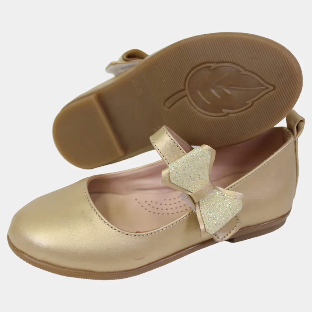 Mädchen Lederschuhe – Gold mit einer Schleife