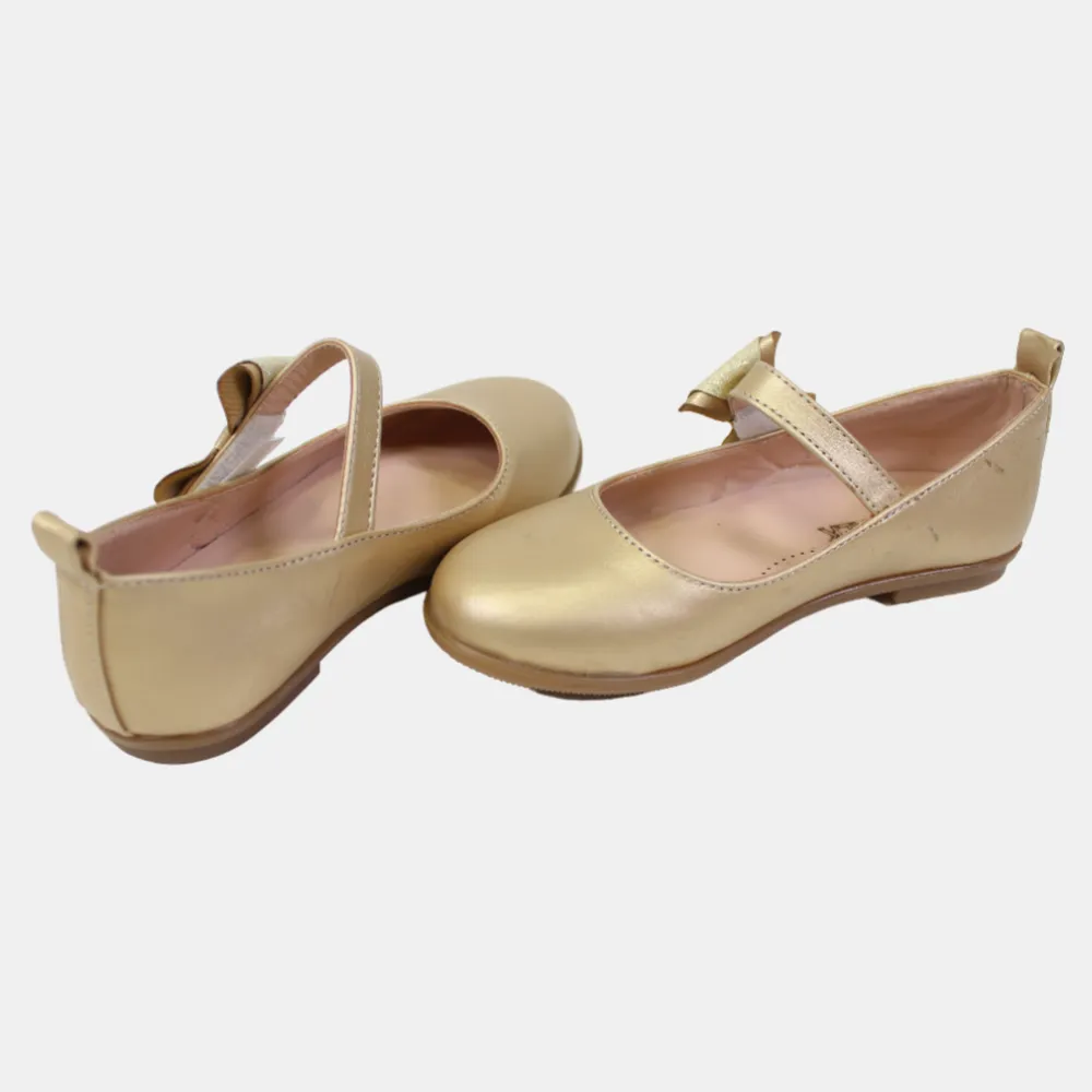 Mädchen Lederschuhe – Gold mit einer Schleife