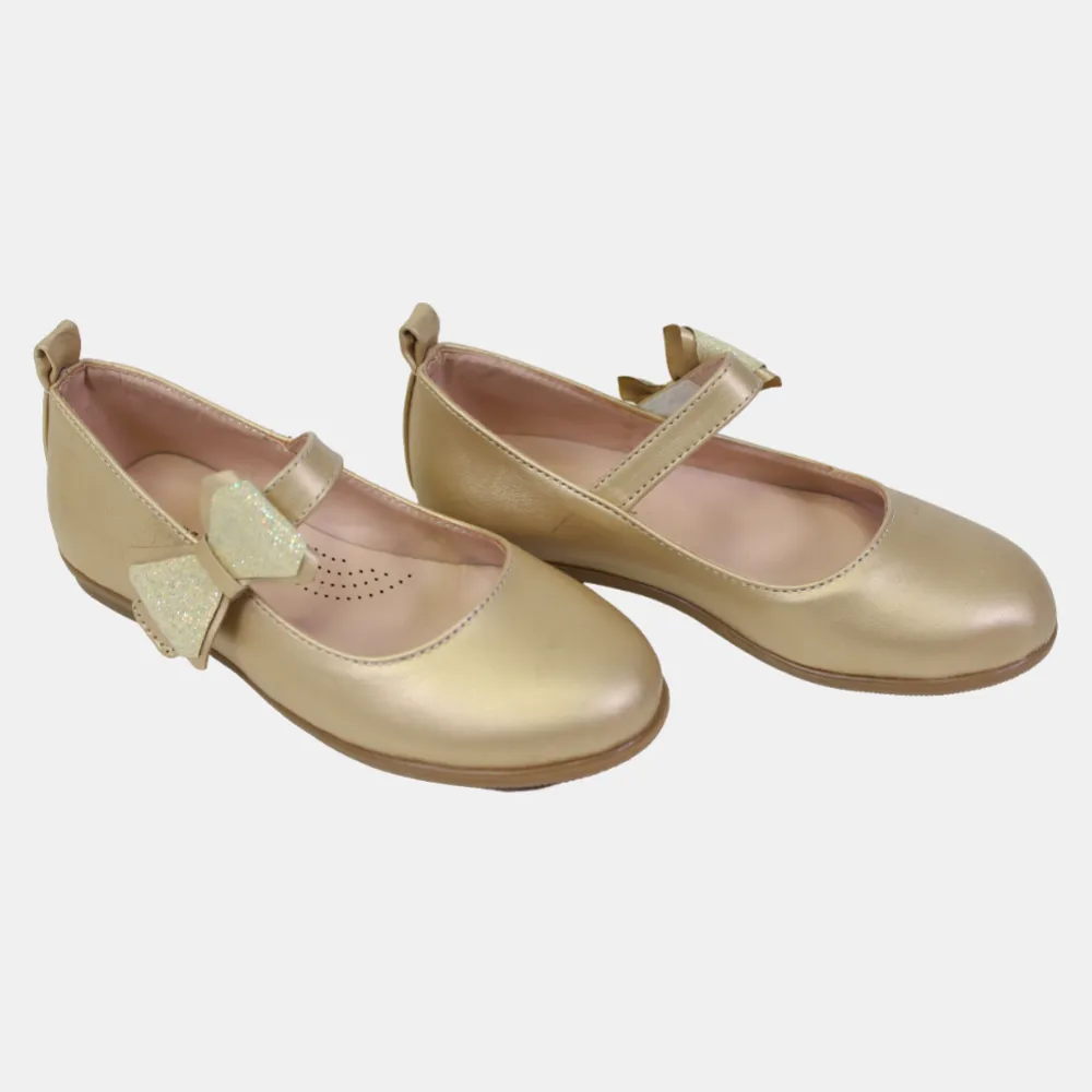 Mädchen Lederschuhe – Gold mit einer Schleife