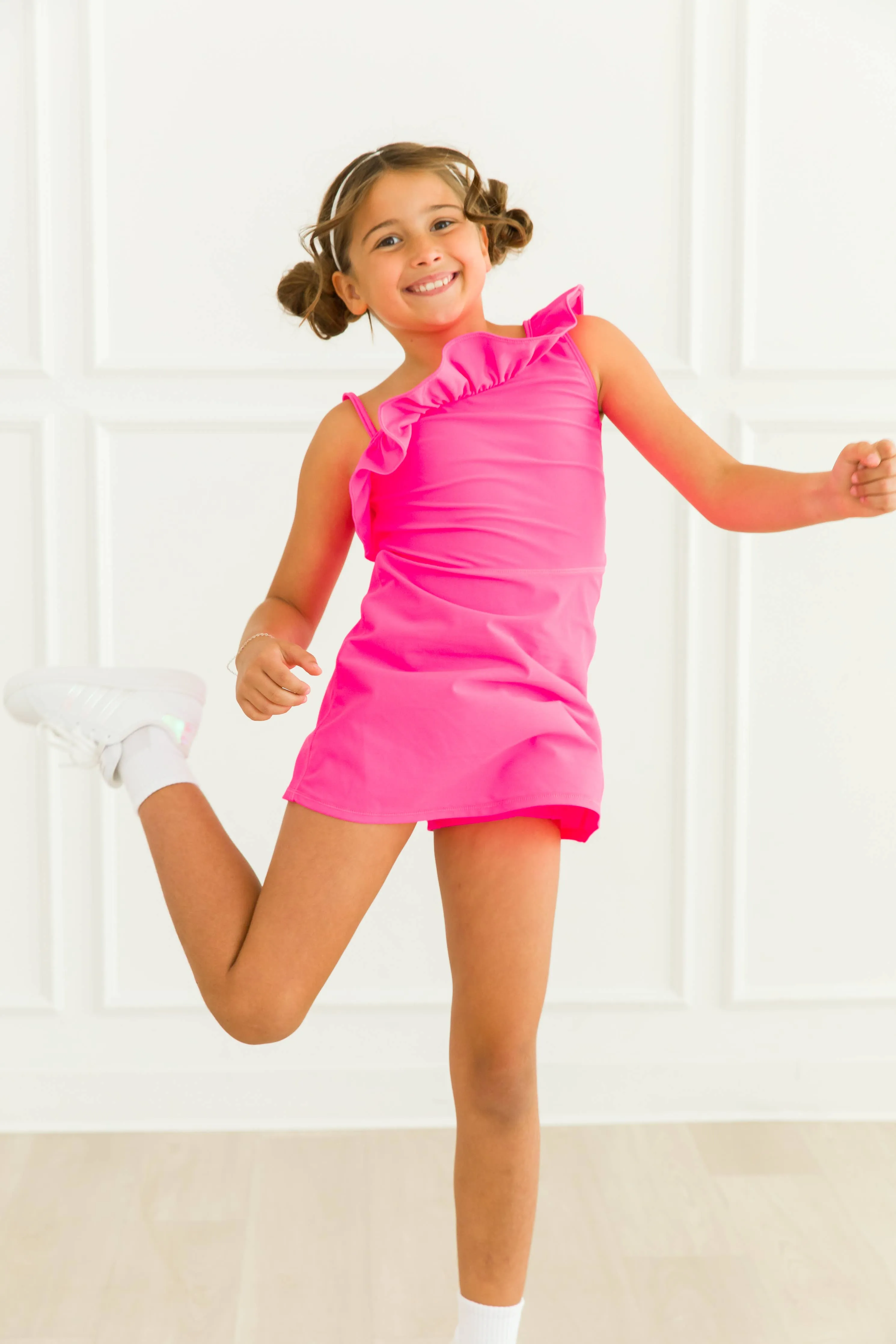 Mädchen Neon Magenta Aktives Tenniskleid & Radhosen-Set: Rosa