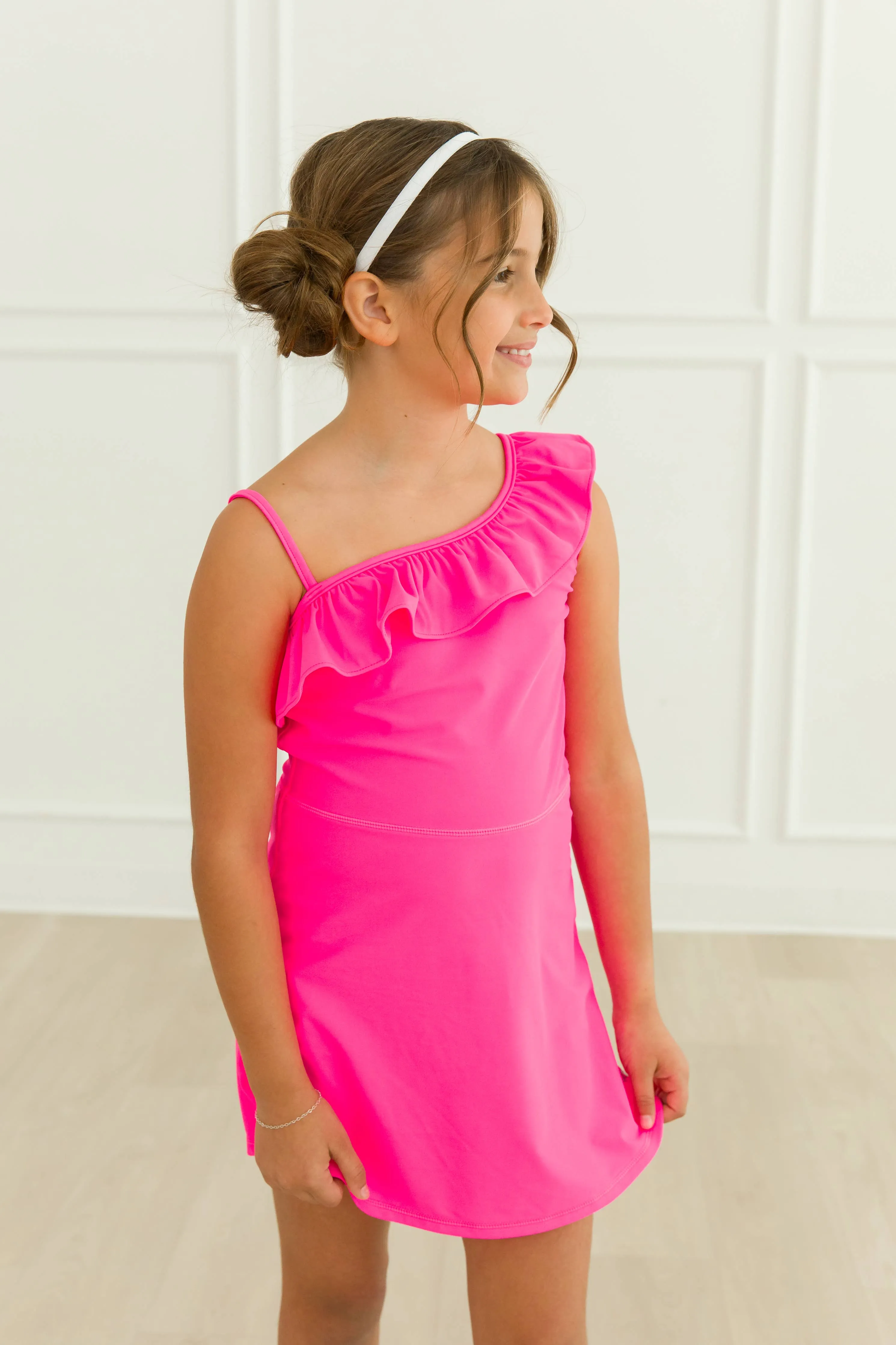 Mädchen Neon Magenta Aktives Tenniskleid & Radhosen-Set: Rosa