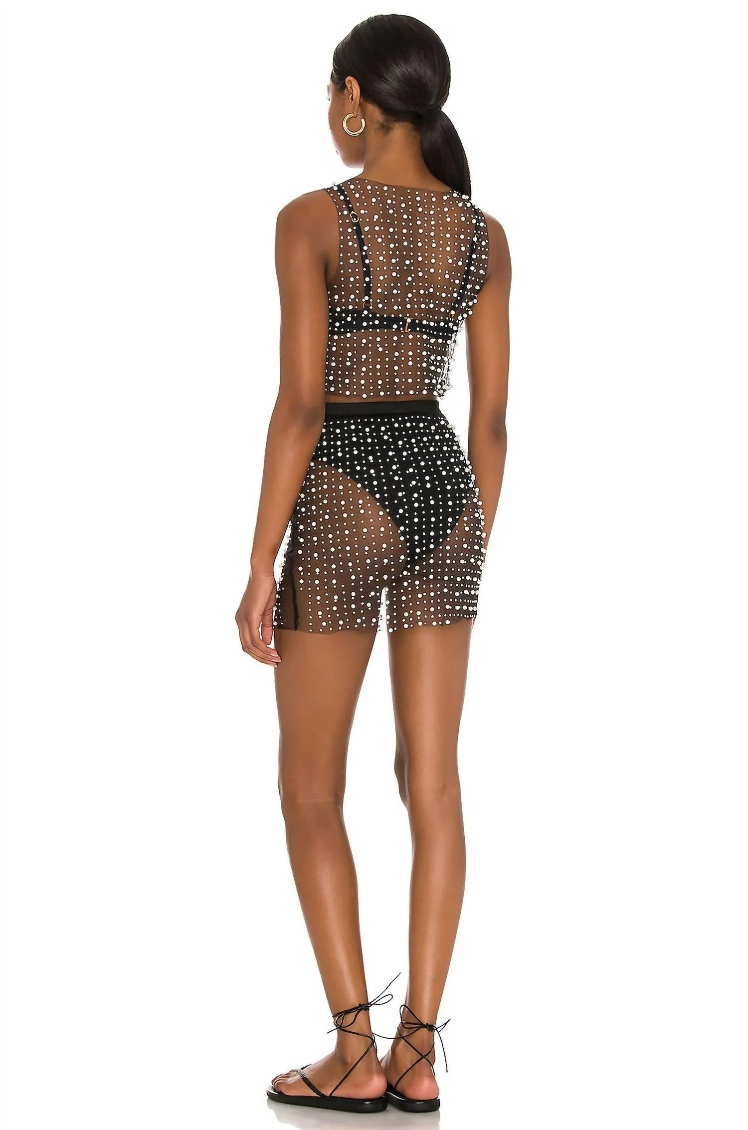 Glitzy Girl Mesh Perlen Top und Rock-Set in Schwarz