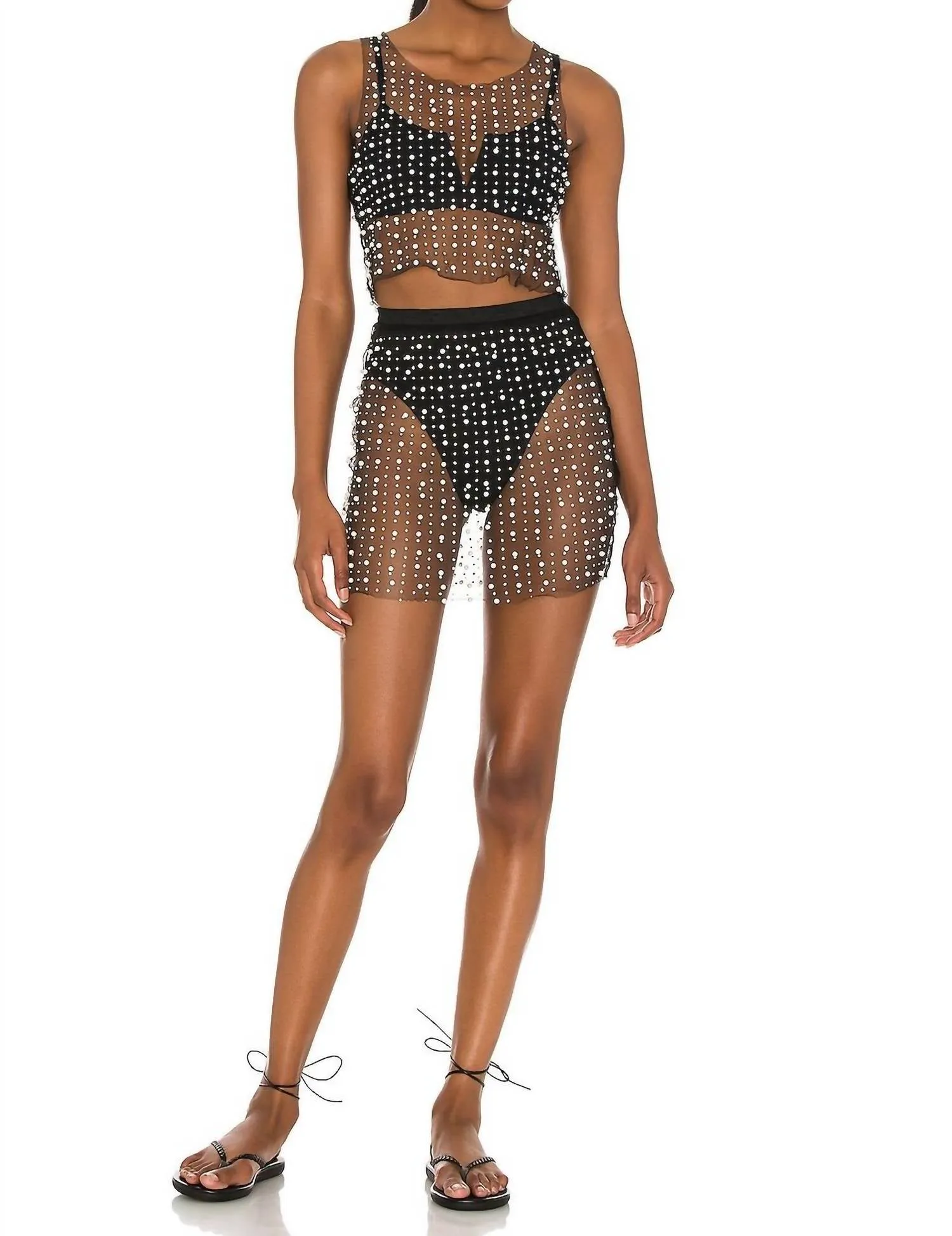 Glitzy Girl Mesh Perlen Top und Rock-Set in Schwarz