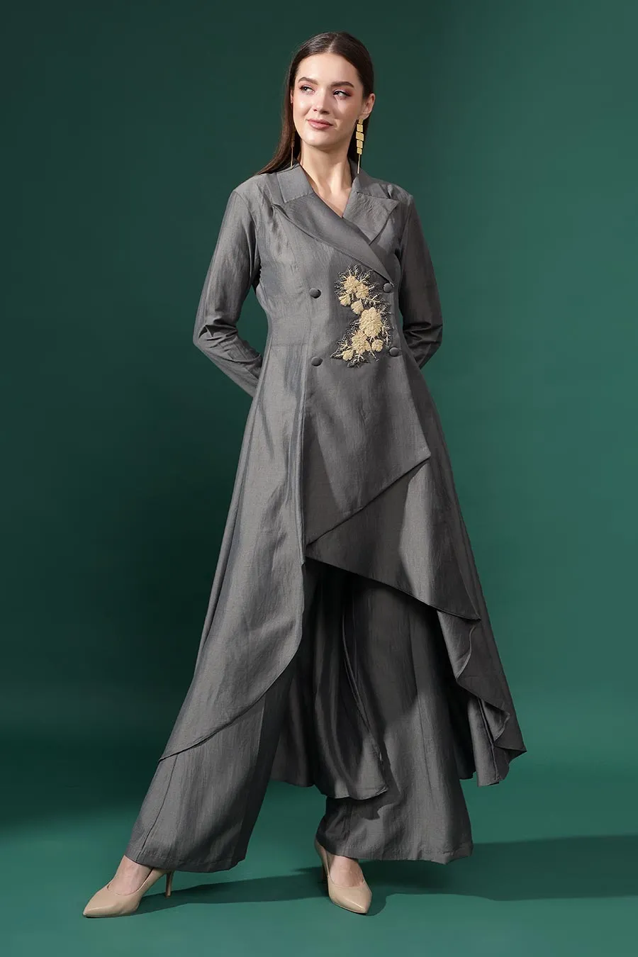 Graues Baumwoll-Seiden Co-Ord Set mit Verzierungen