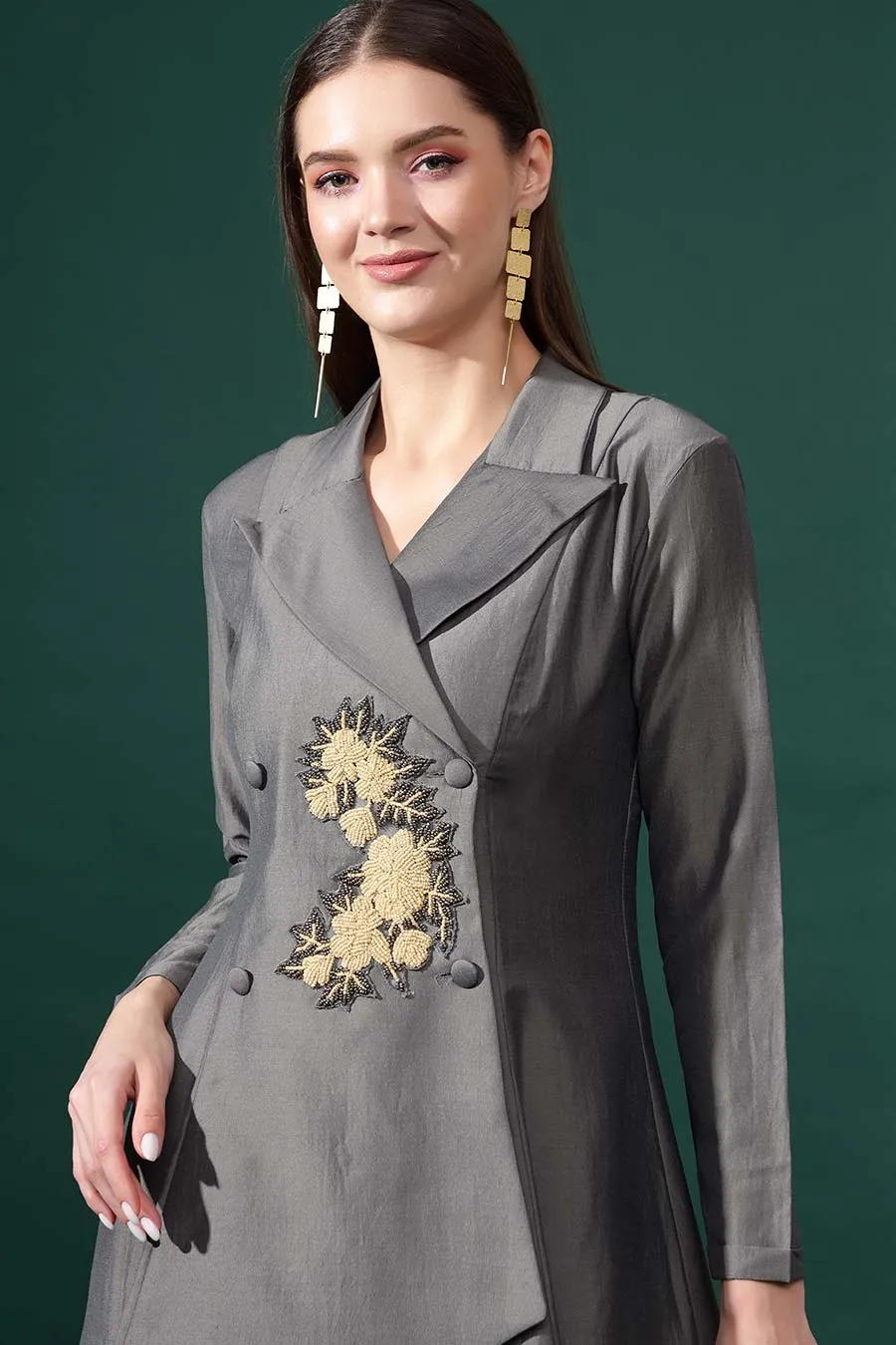 Graues Baumwoll-Seiden Co-Ord Set mit Verzierungen