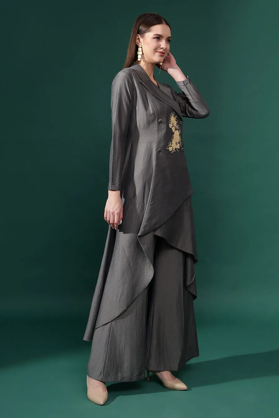 Graues Baumwoll-Seiden Co-Ord Set mit Verzierungen