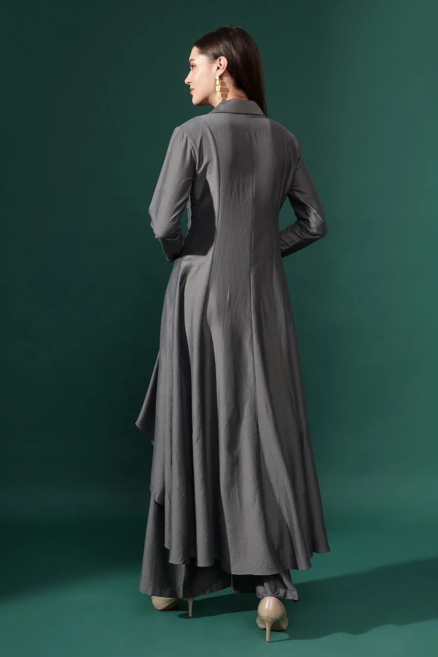 Graues Baumwoll-Seiden Co-Ord Set mit Verzierungen