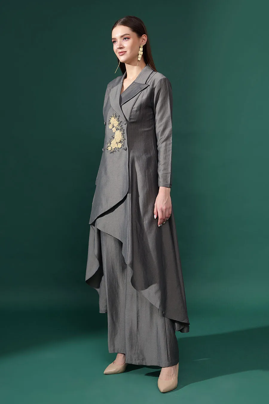 Graues Baumwoll-Seiden Co-Ord Set mit Verzierungen