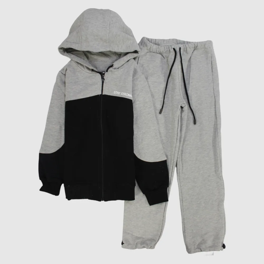 Grau/Schwarzer Langarm-Fleece-Schlafanzug mit Kapuze