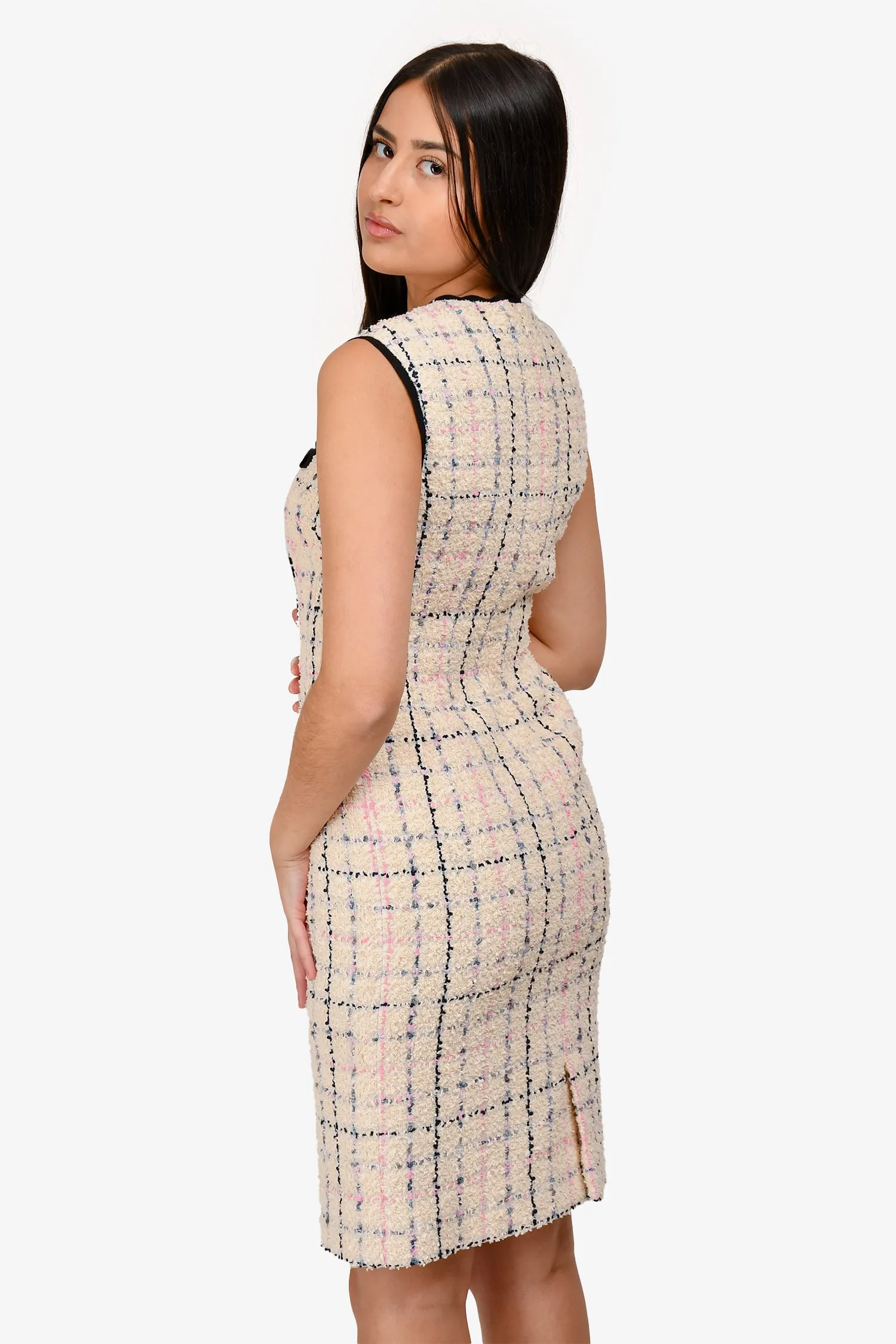 Gucci 2018 Weiß/Mehrfarbig Tweed Rosette Ärmelloses Kleid Größe 40