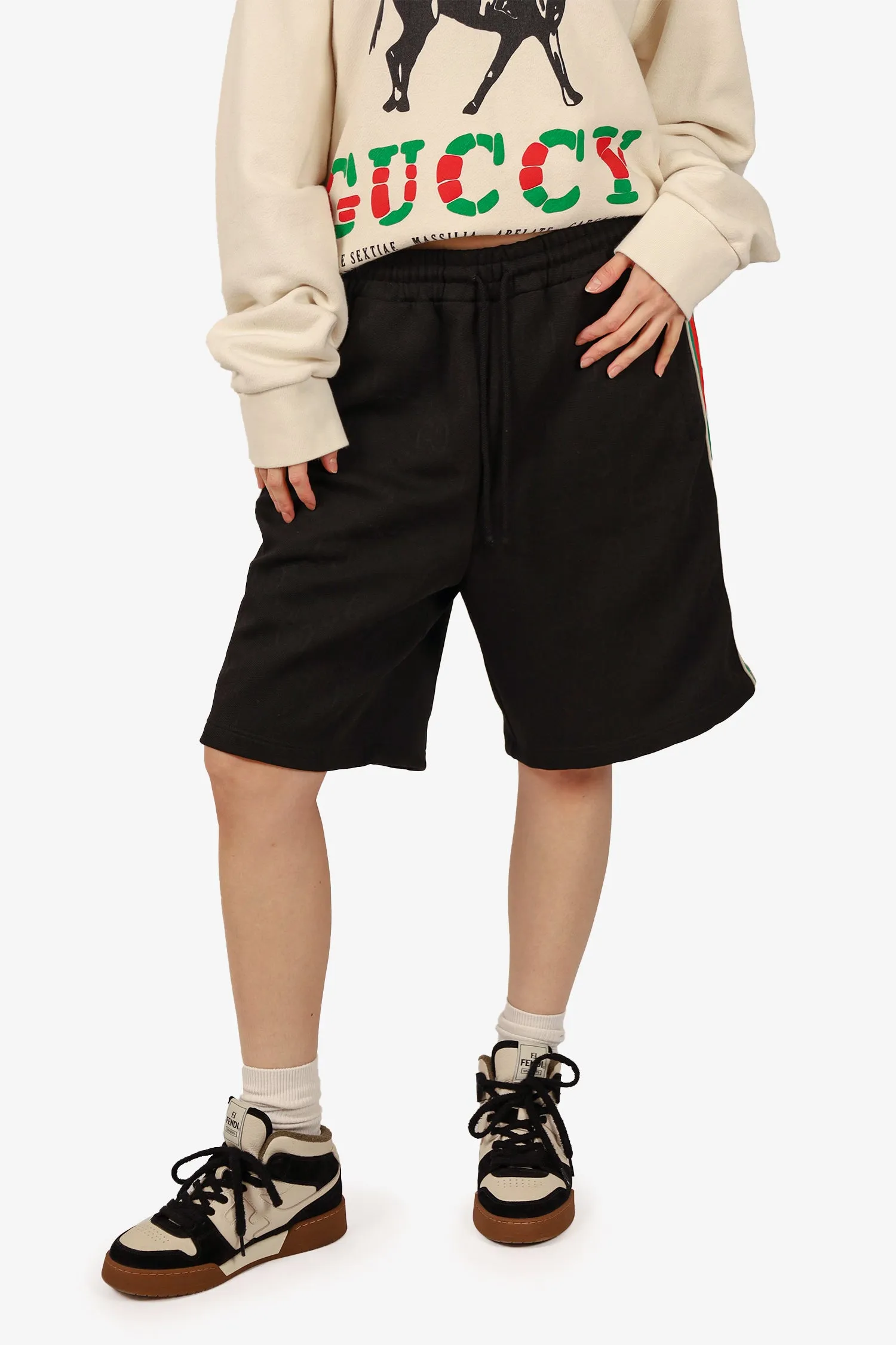 Gucci Schwarz/Rot/Grün Seitenstreifen 'GG' Sweatshorts Größe M Herren