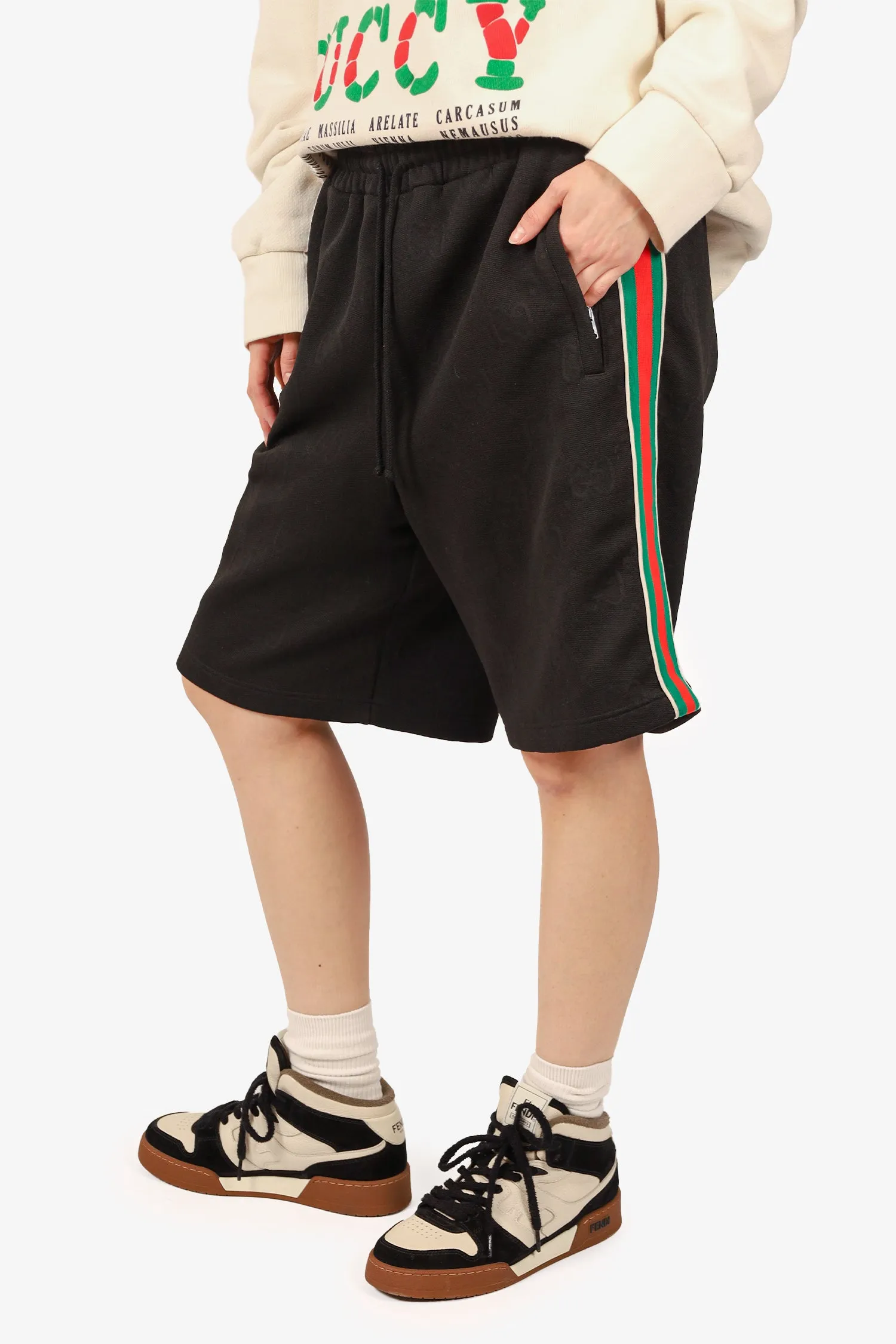 Gucci Schwarz/Rot/Grün Seitenstreifen 'GG' Sweatshorts Größe M Herren