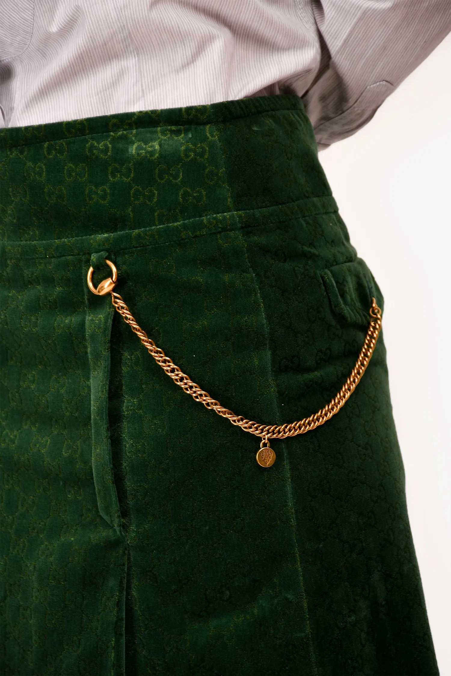 Gucci Grüner Samt GG Plisierter Ketten-Midirock Größe 40