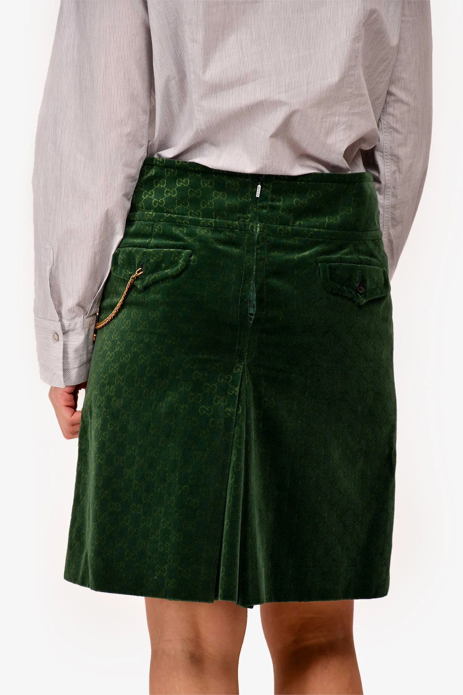 Gucci Grüner Samt GG Plisierter Ketten-Midirock Größe 40