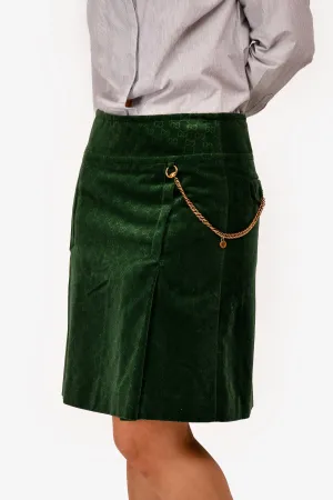 Gucci Green Velvet GG Pleated Chain Midi Skirt Size 40