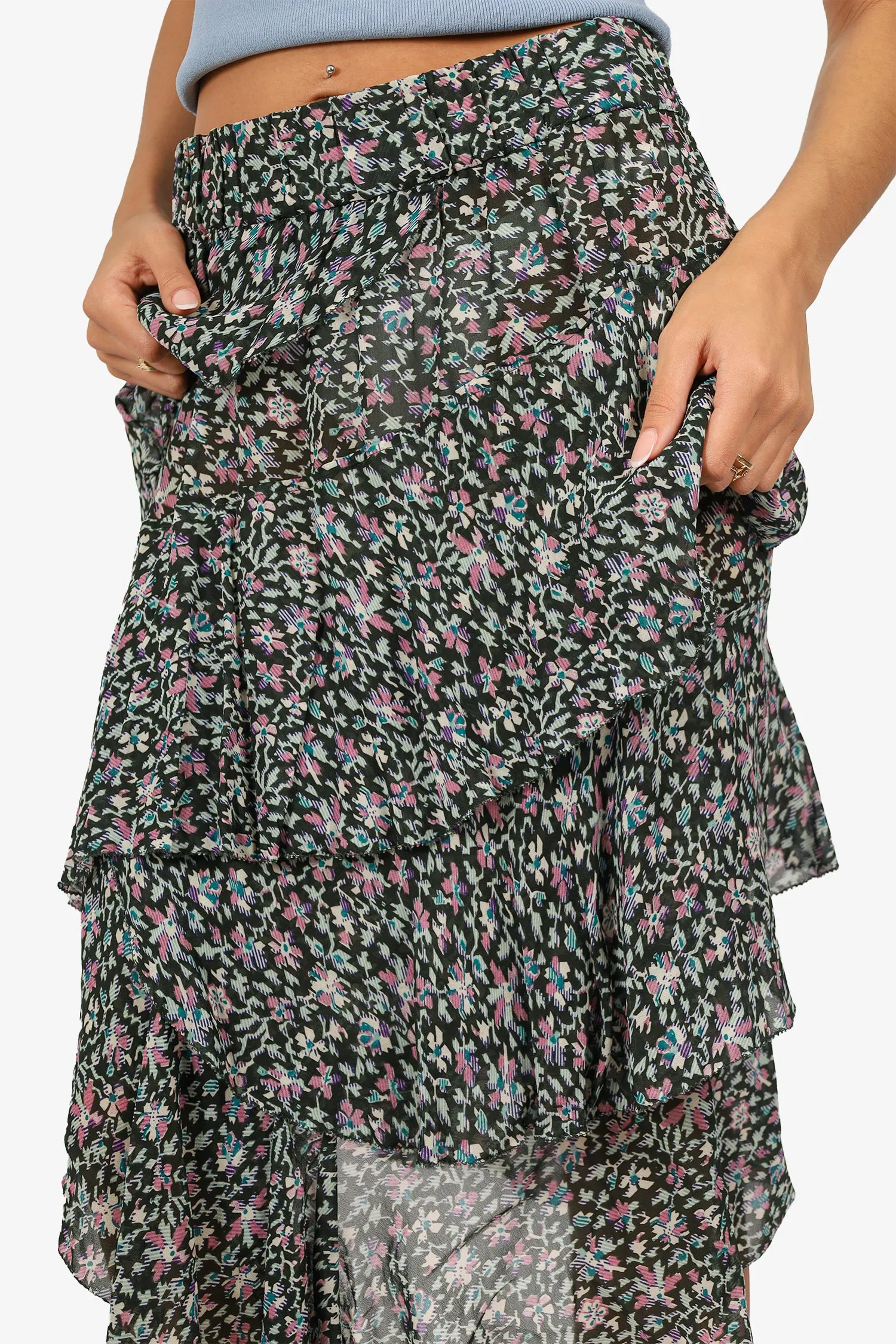 Isabel Marant Etoile Rock mit Blumenmuster und Rüschen in Schwarz/Rosa Größe 36