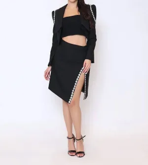 Jewel Embellished Slit Skirt Set In Black