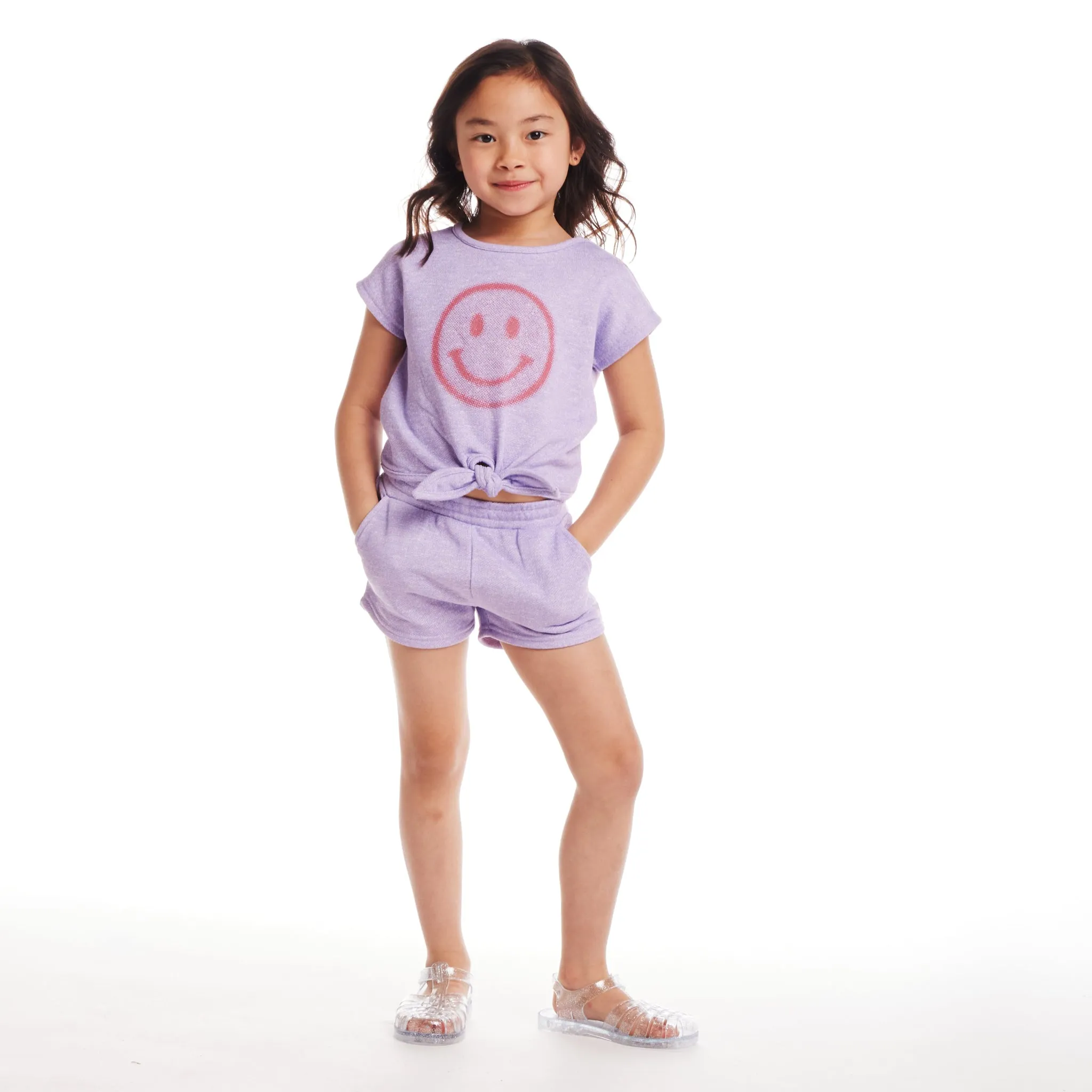 Kinder (2-6) Mädchen Bindung vorne Top & Shorts Set | Lila Smiley Gesicht Babykids_Andy-Evan