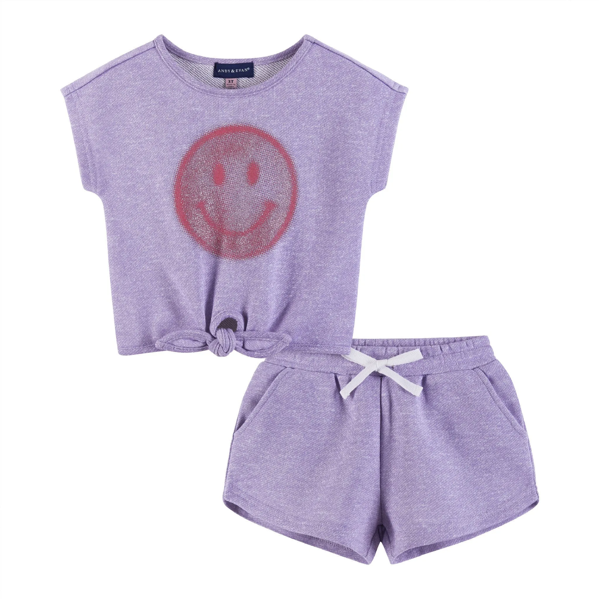Kinder (2-6) Mädchen Bindung vorne Top & Shorts Set | Lila Smiley Gesicht Babykids_Andy-Evan