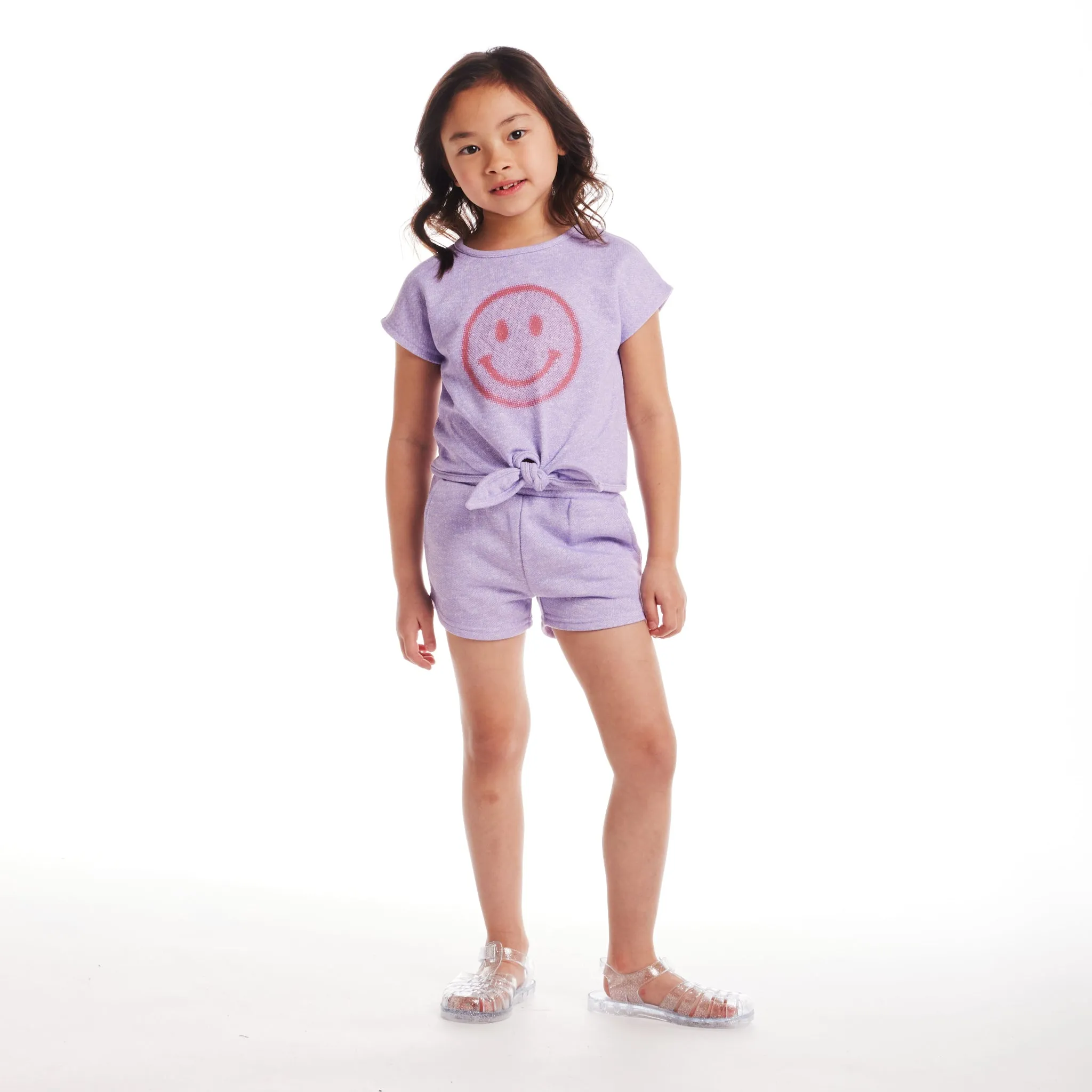 Kinder (2-6) Mädchen Bindung vorne Top & Shorts Set | Lila Smiley Gesicht Babykids_Andy-Evan