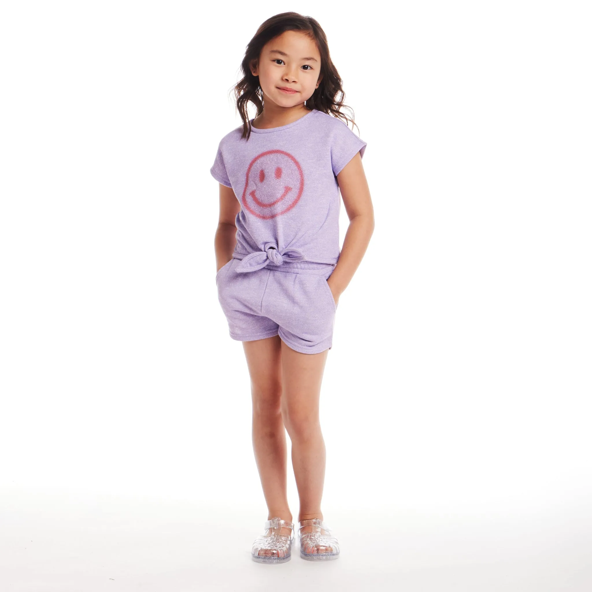 Kinder (2-6) Mädchen Bindung vorne Top & Shorts Set | Lila Smiley Gesicht Babykids_Andy-Evan