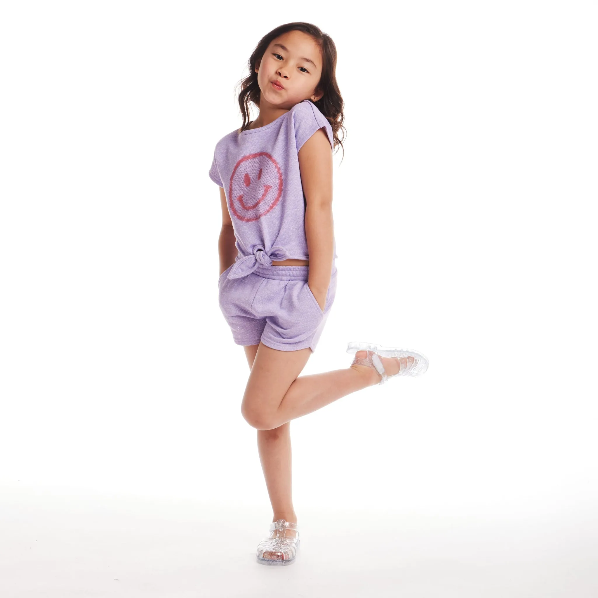 Kinder (2-6) Mädchen Bindung vorne Top & Shorts Set | Lila Smiley Gesicht Babykids_Andy-Evan