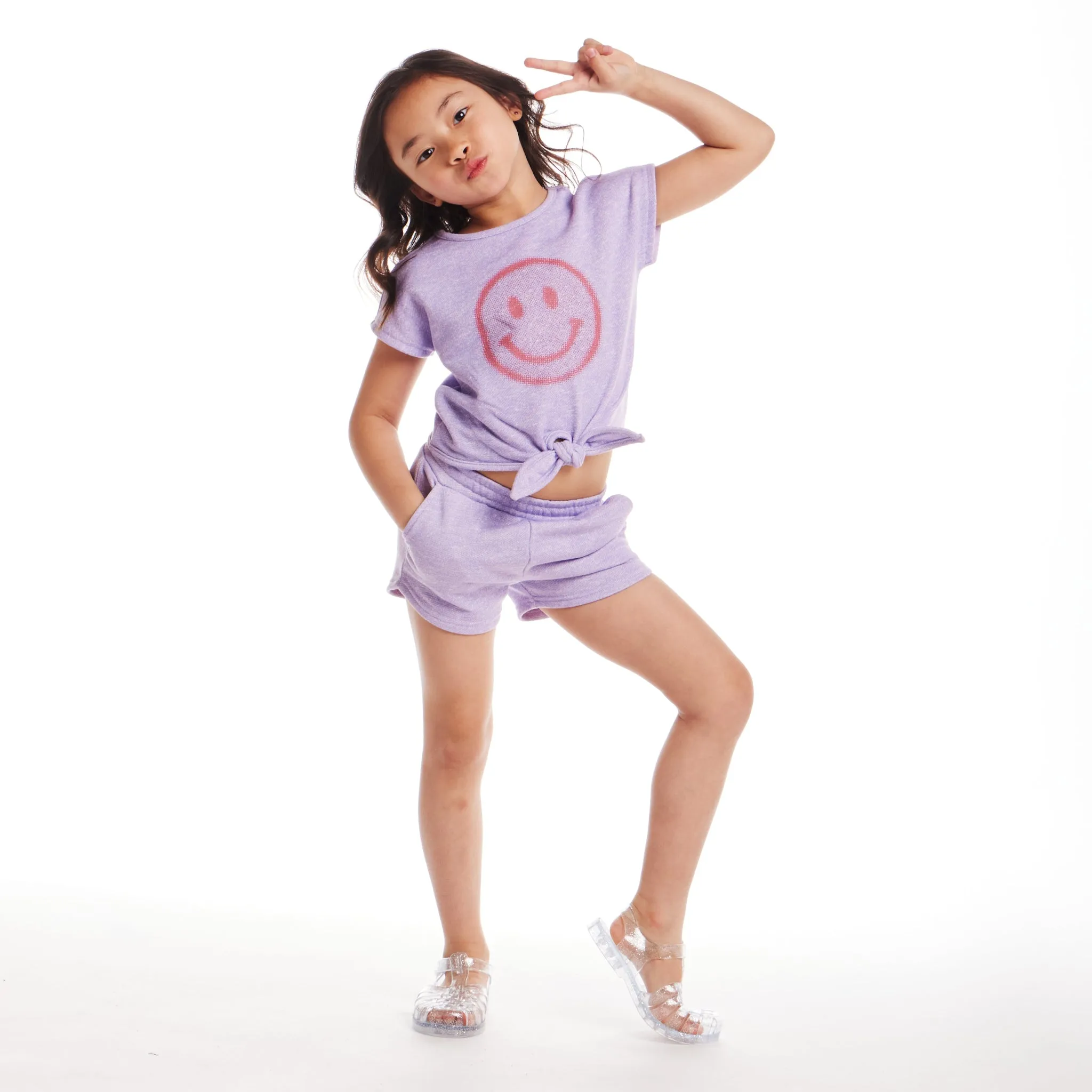 Kinder (2-6) Mädchen Bindung vorne Top & Shorts Set | Lila Smiley Gesicht Babykids_Andy-Evan