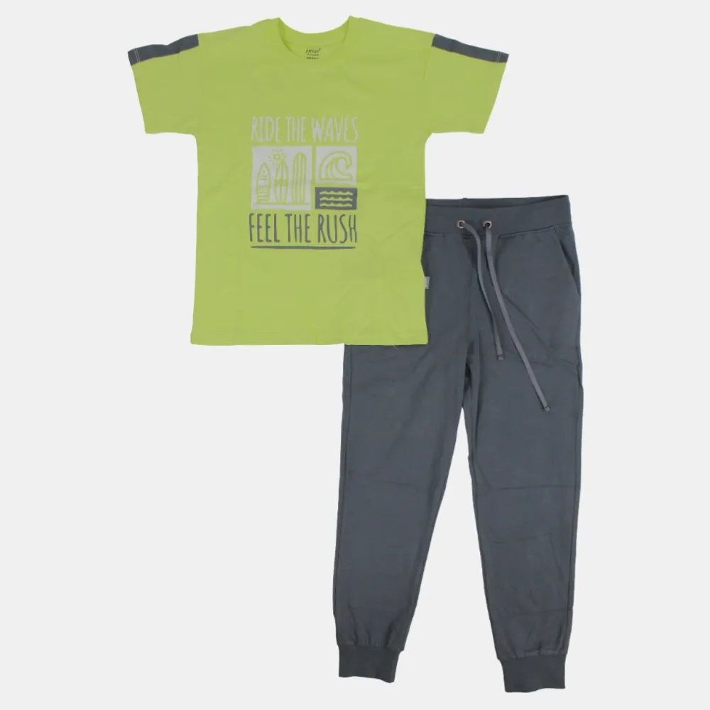 Kinder-Jungen Kurzarm-Pyjama-Set aus Baumwolle – Zitronengrün/Grau (Ride the Waves Design)