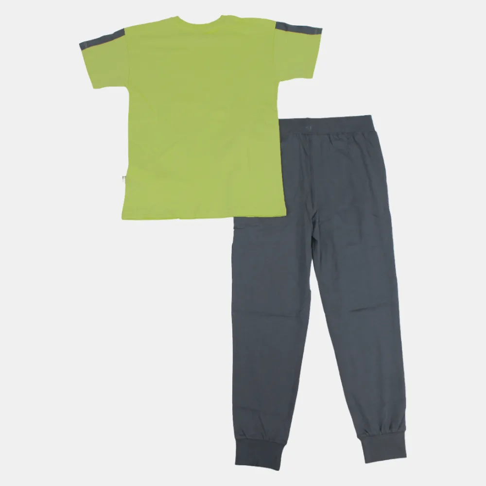 Kinder-Jungen Kurzarm-Pyjama-Set aus Baumwolle – Zitronengrün/Grau (Ride the Waves Design)