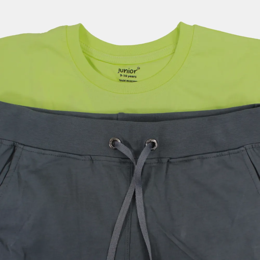 Kinder-Jungen Kurzarm-Pyjama-Set aus Baumwolle – Zitronengrün/Grau (Ride the Waves Design)
