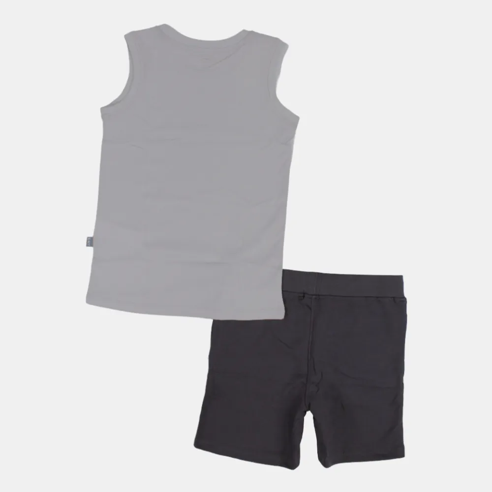 Kinder Jungen Ärmelloser Baumwoll-Schlafanzug Set – Grau (Entdecke-Motiv)