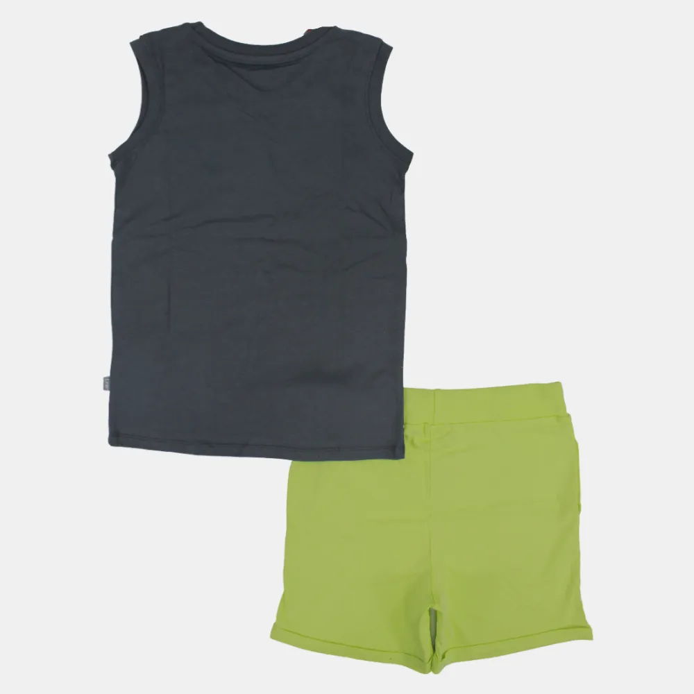 Kinder Jungen Ärmelloser Baumwoll-Pyjama-Set – Grau/Grün (Palmen-Motiv)
