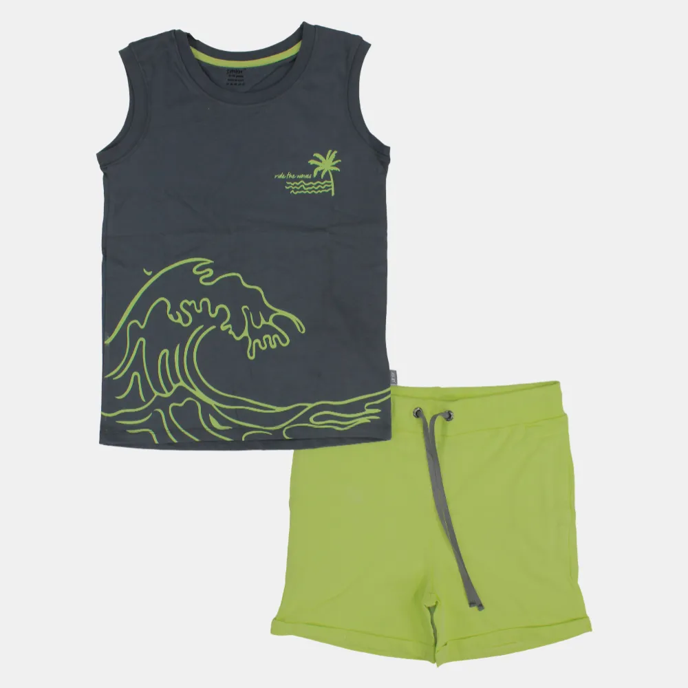 Kinder Jungen Ärmelloser Baumwoll-Pyjama-Set – Grau/Grün (Palmen-Motiv)