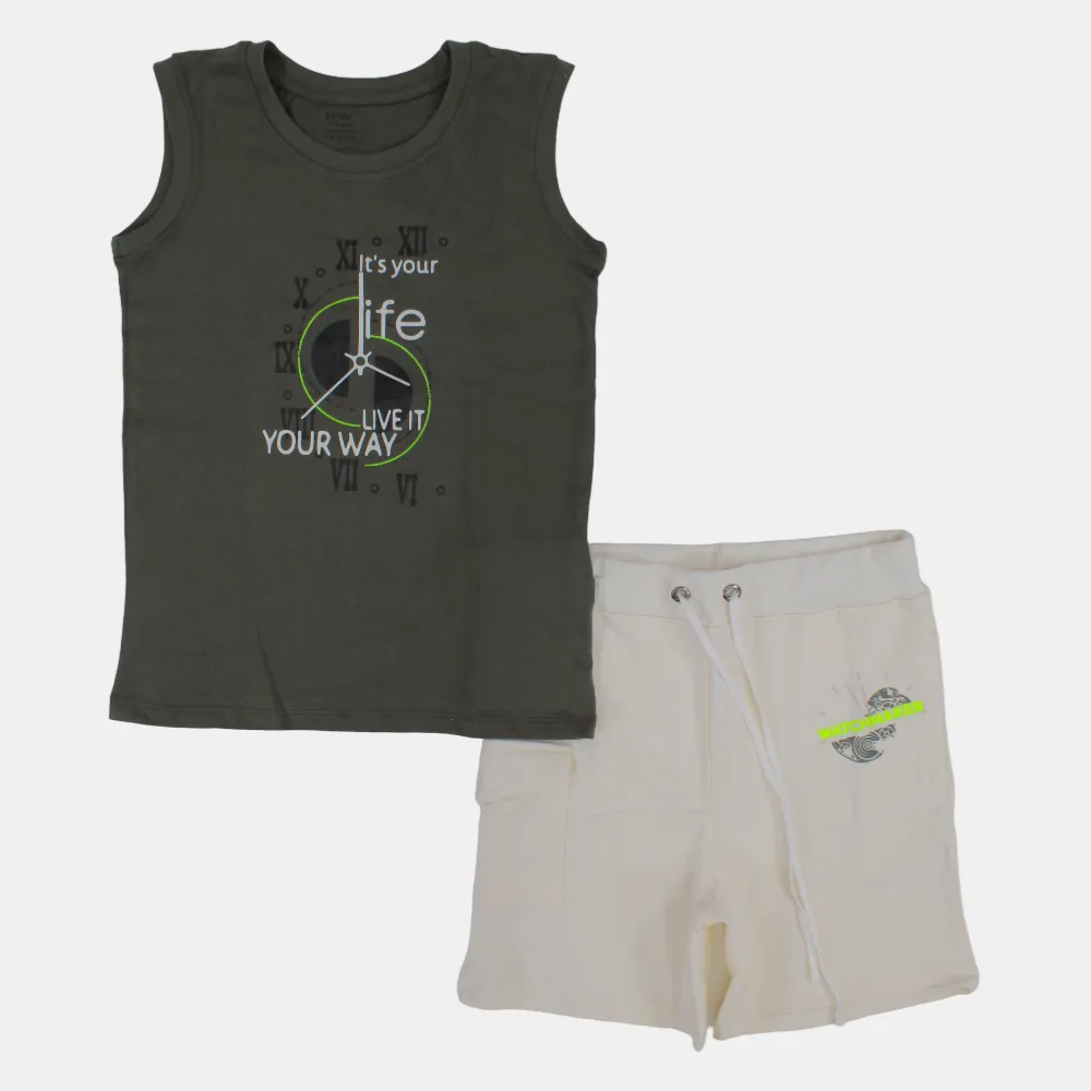 Kinder Jungen Ärmelloser Baumwoll-Pyjama-Set – Olivgrün (Uhr-Motiv)