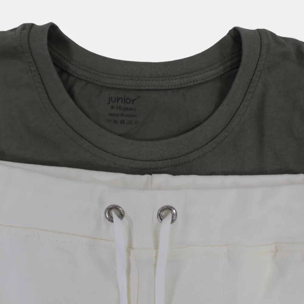 Kinder Jungen Ärmelloser Baumwoll-Pyjama-Set – Olivgrün (Uhr-Motiv)