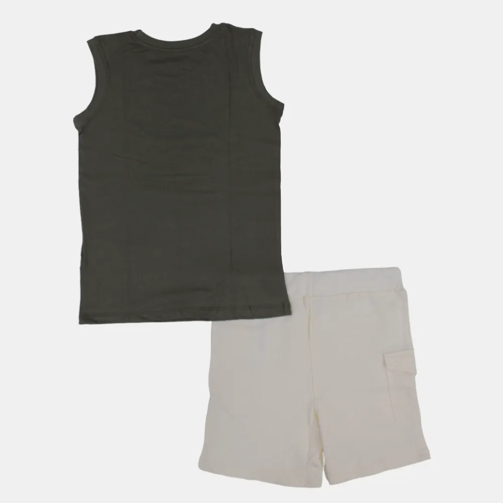 Kinder Jungen Ärmelloser Baumwoll-Pyjama-Set – Olivgrün (Uhr-Motiv)