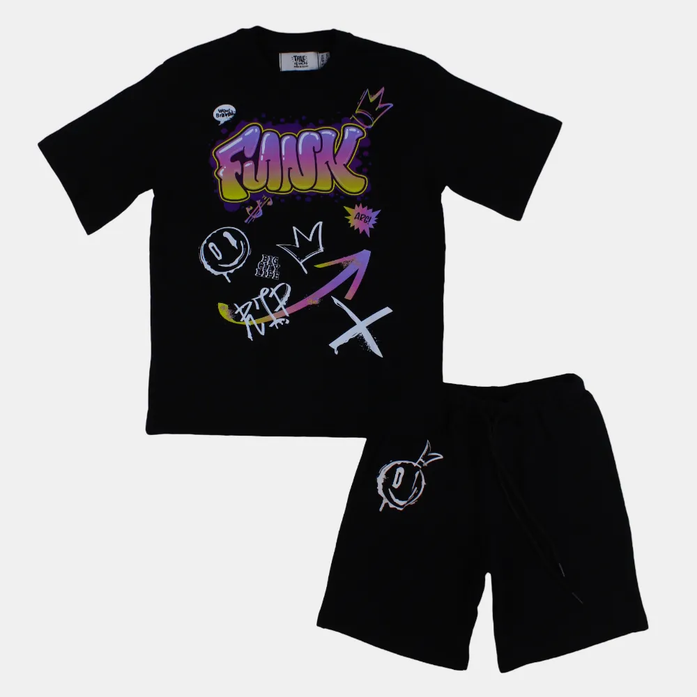 Kinder Mädchen Baumwoll Kurzarm Schlafanzug – Schwarz Funky Design