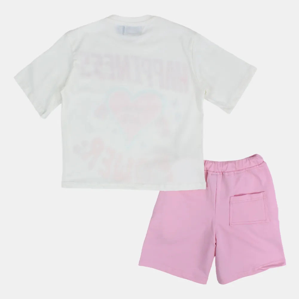 Kinder Mädchen Baumwoll Kurzarm Pyjama – Rosa und Weiß