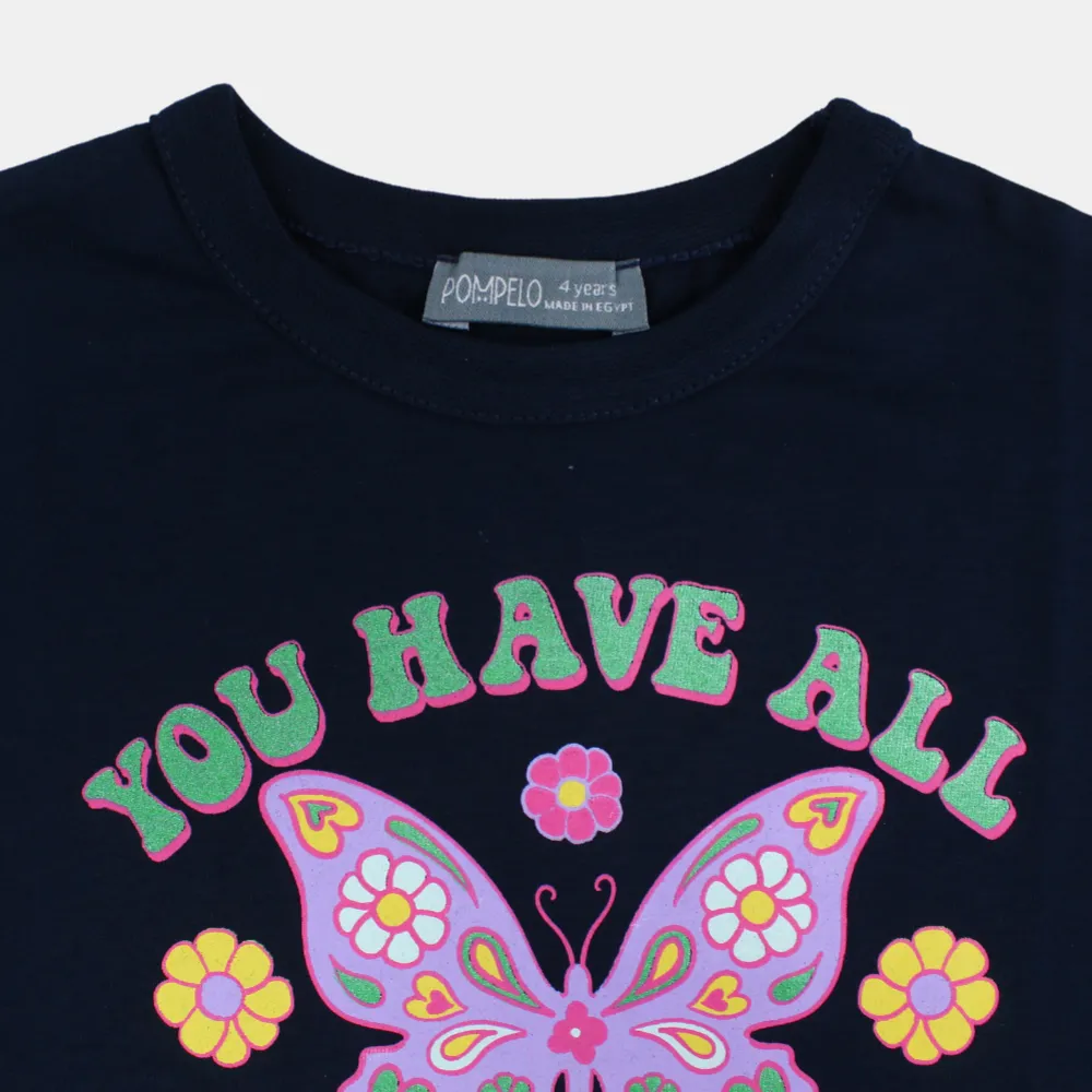 Kinder Mädchen Baumwoll Kurzarm T-Shirt – Marineblau mit Schmetterlingsdesign