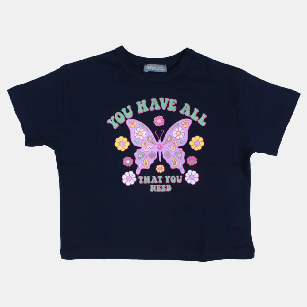 Kinder Mädchen Baumwoll Kurzarm T-Shirt – Marineblau mit Schmetterlingsdesign