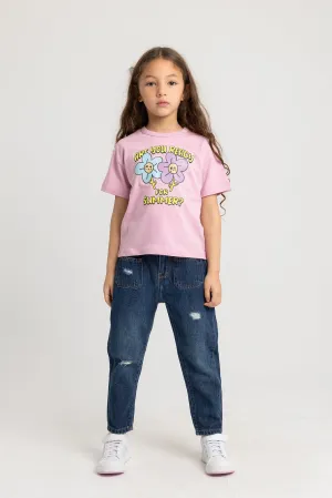 Kids Girls' Cotton Short-Sleeved T-Shirt – Pink with Cute Flowers Design