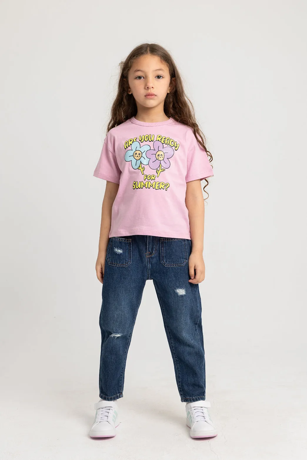 Kinder Mädchen Baumwoll Kurzarm T-Shirt – Rosa mit süßen Blumenmuster