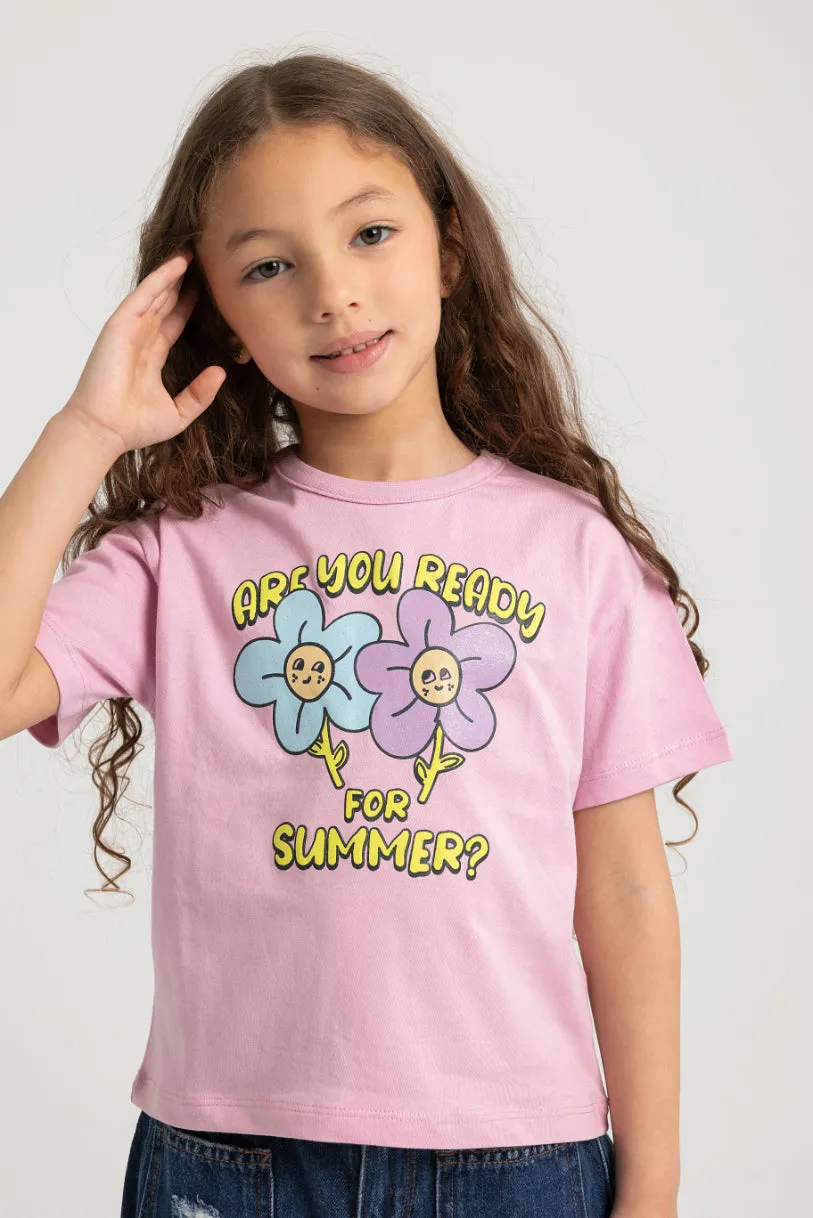Kinder Mädchen Baumwoll Kurzarm T-Shirt – Rosa mit süßen Blumenmuster