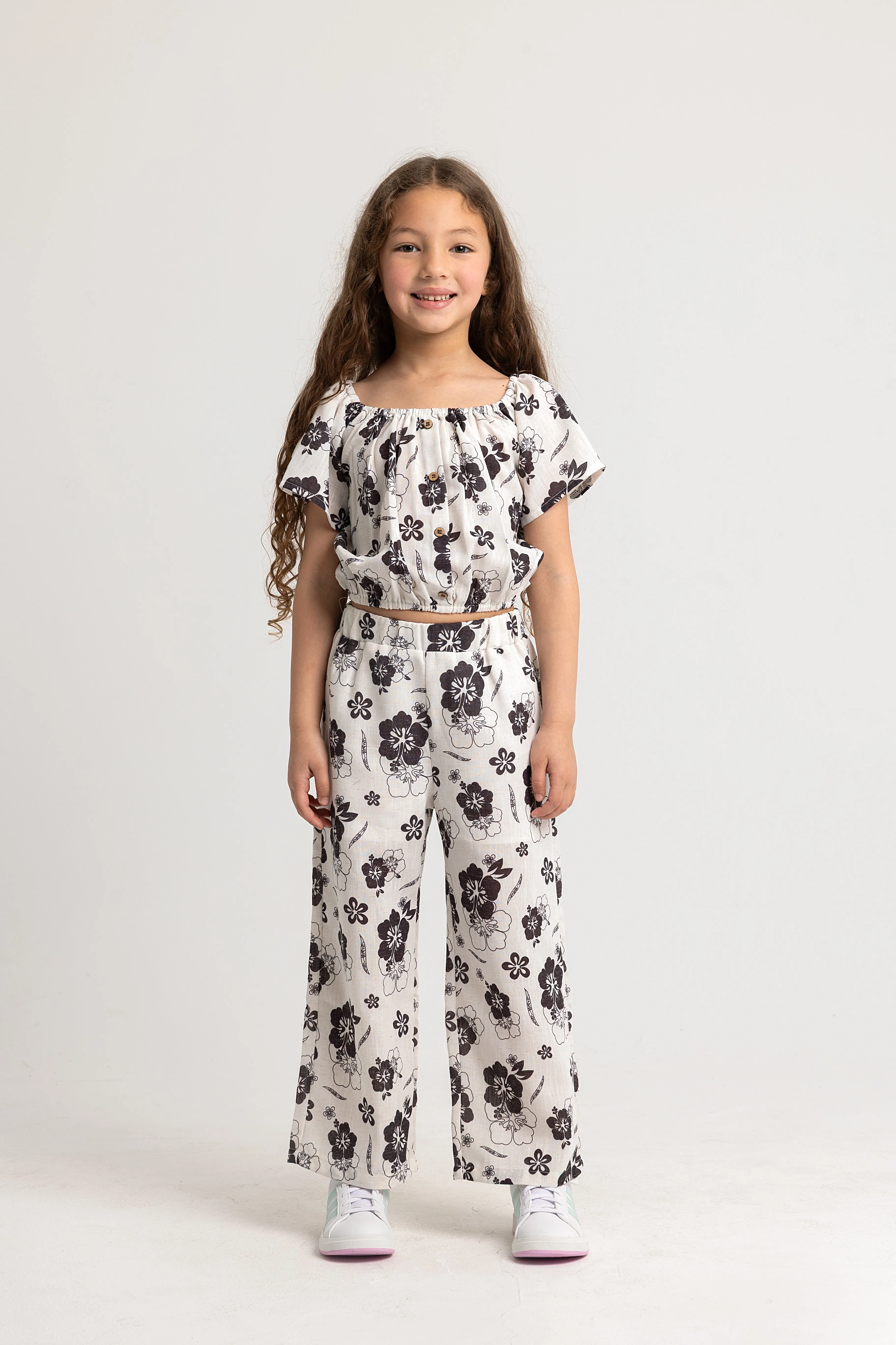 Mädchen Polyester Outfit-Set – Blumenmuster, 2-teiliges Kurzarm-Outfit