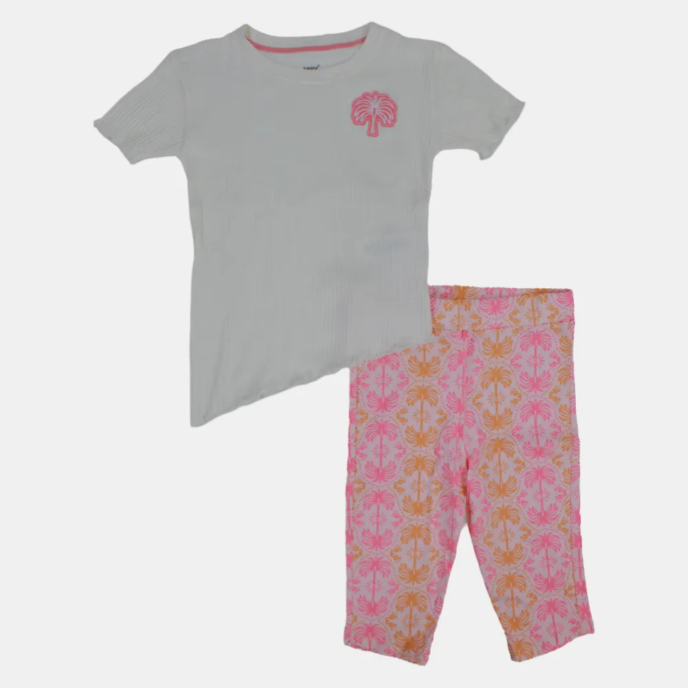 Kinder Mädchen Kurzarm-Baumwoll-Pyjama-Set – Off-White Tropen-Design